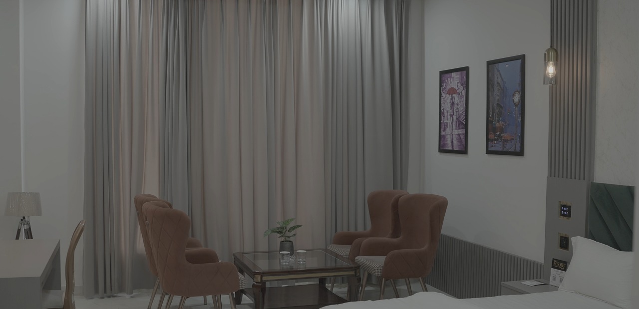 Luxury hotel room with elegant bed and city view